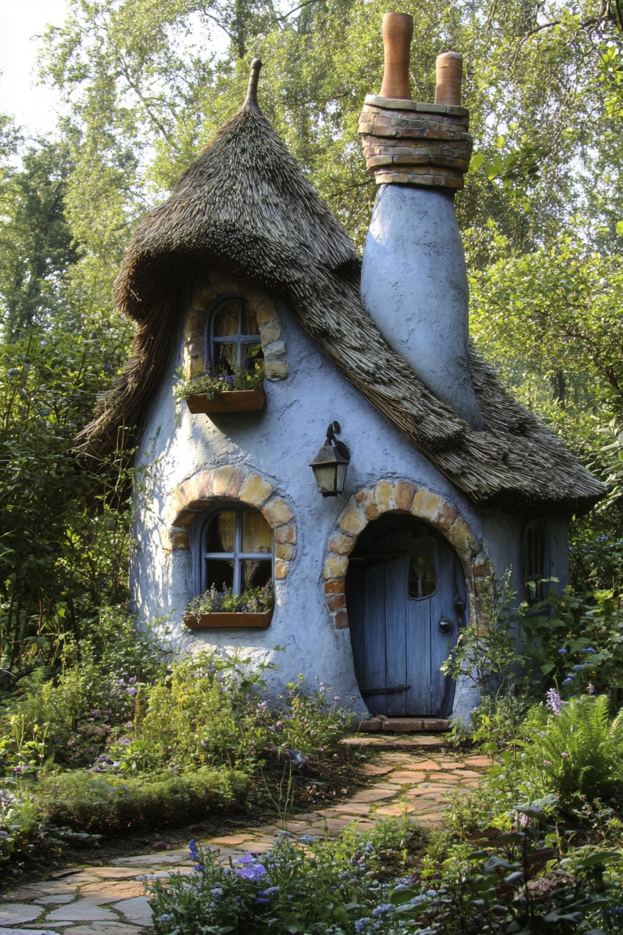 Fairytale micro home design. Crooked chimney with pale-blue thatched roof.