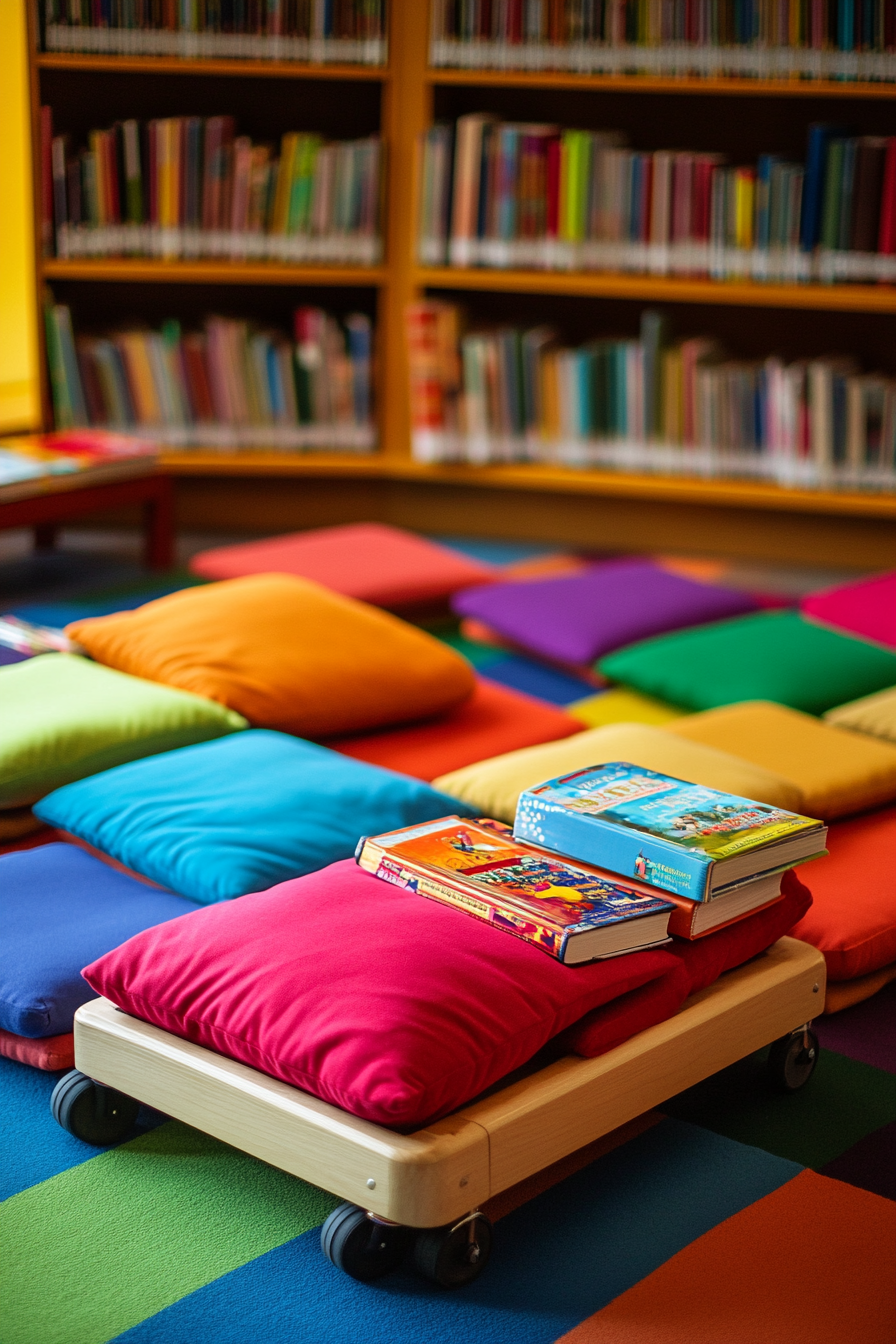 Child-sized Library information. Multicolored floor cushions with parked book display on wheels.