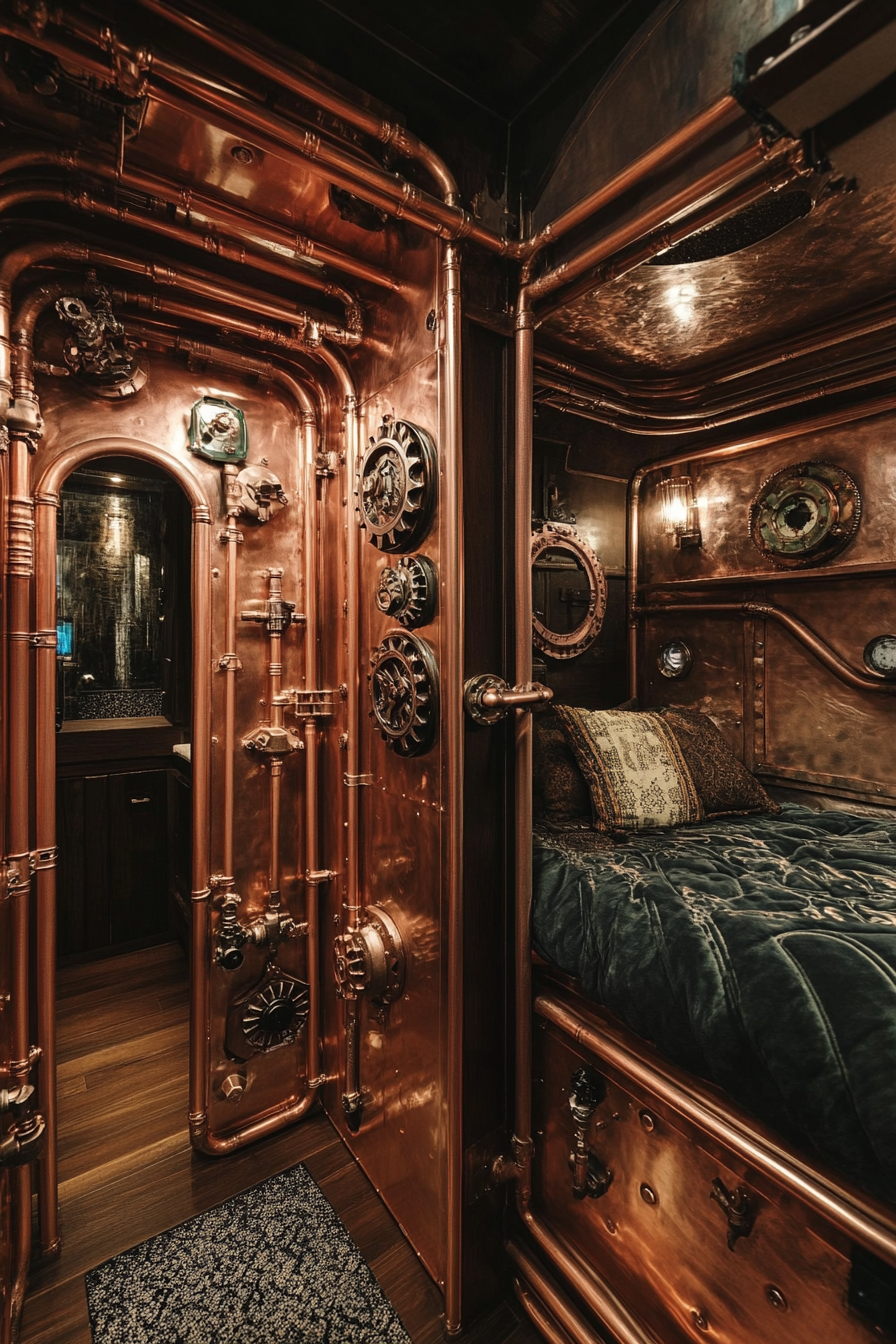 Steampunk micro home. Copper piping with cogwheel accents.