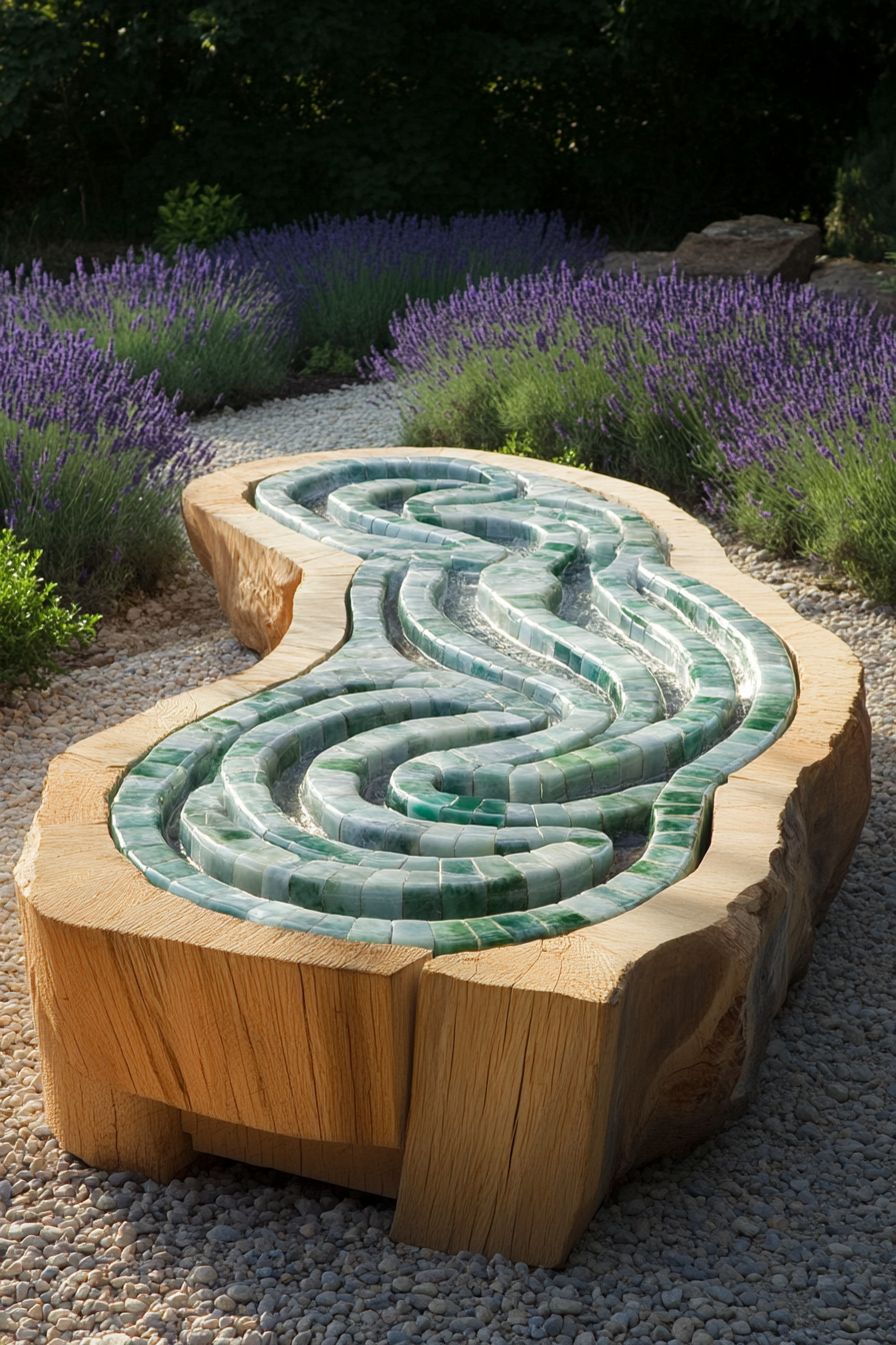 Outdoor massage table. Cedar wood structure accented with jade stones. Meditation labyrinth layout. Spiral ceramic path surrounded by lavender bushes.