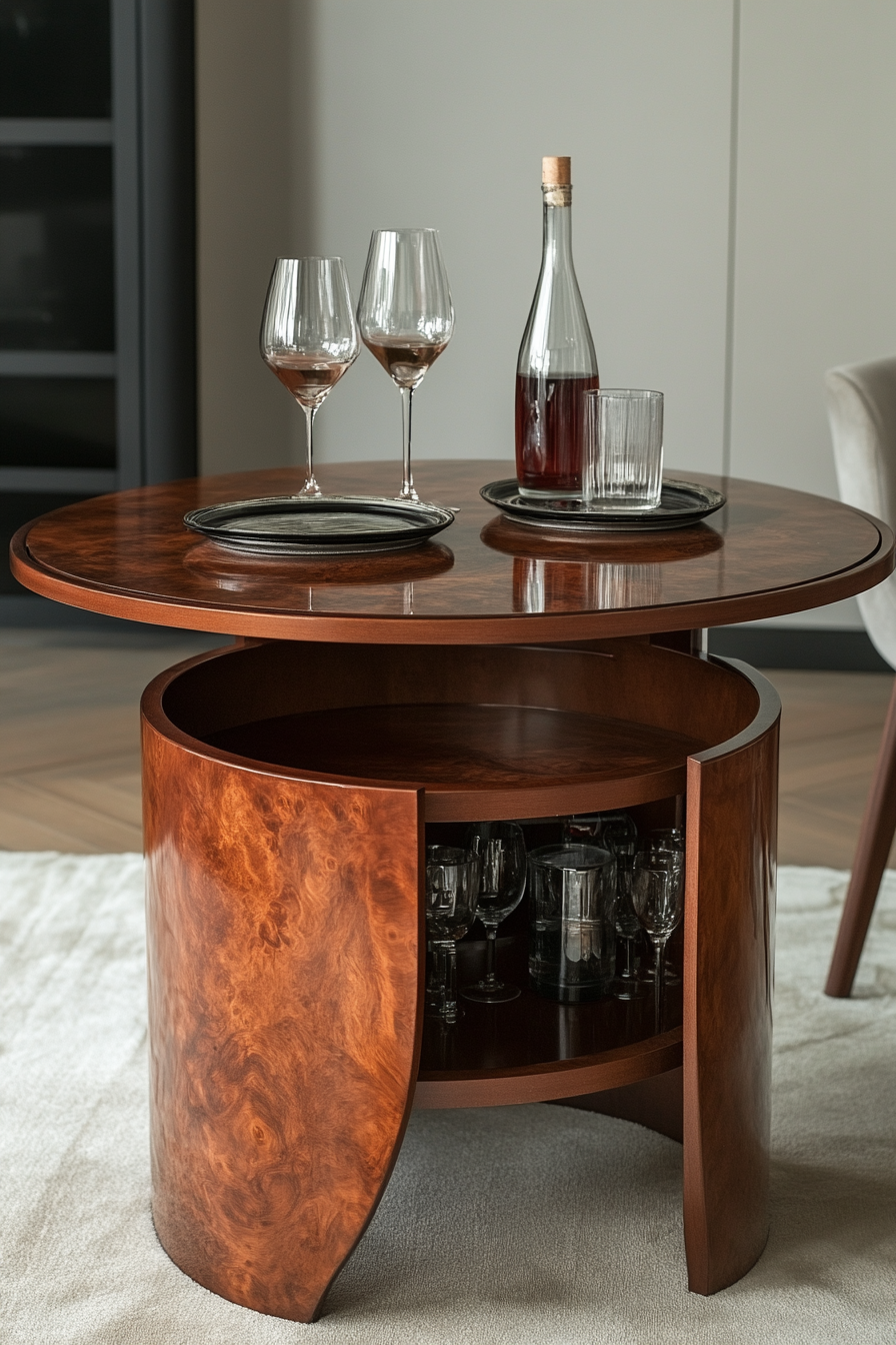 Dining table for small spaces. Hidden compartment under tabletop, mahogany finish.