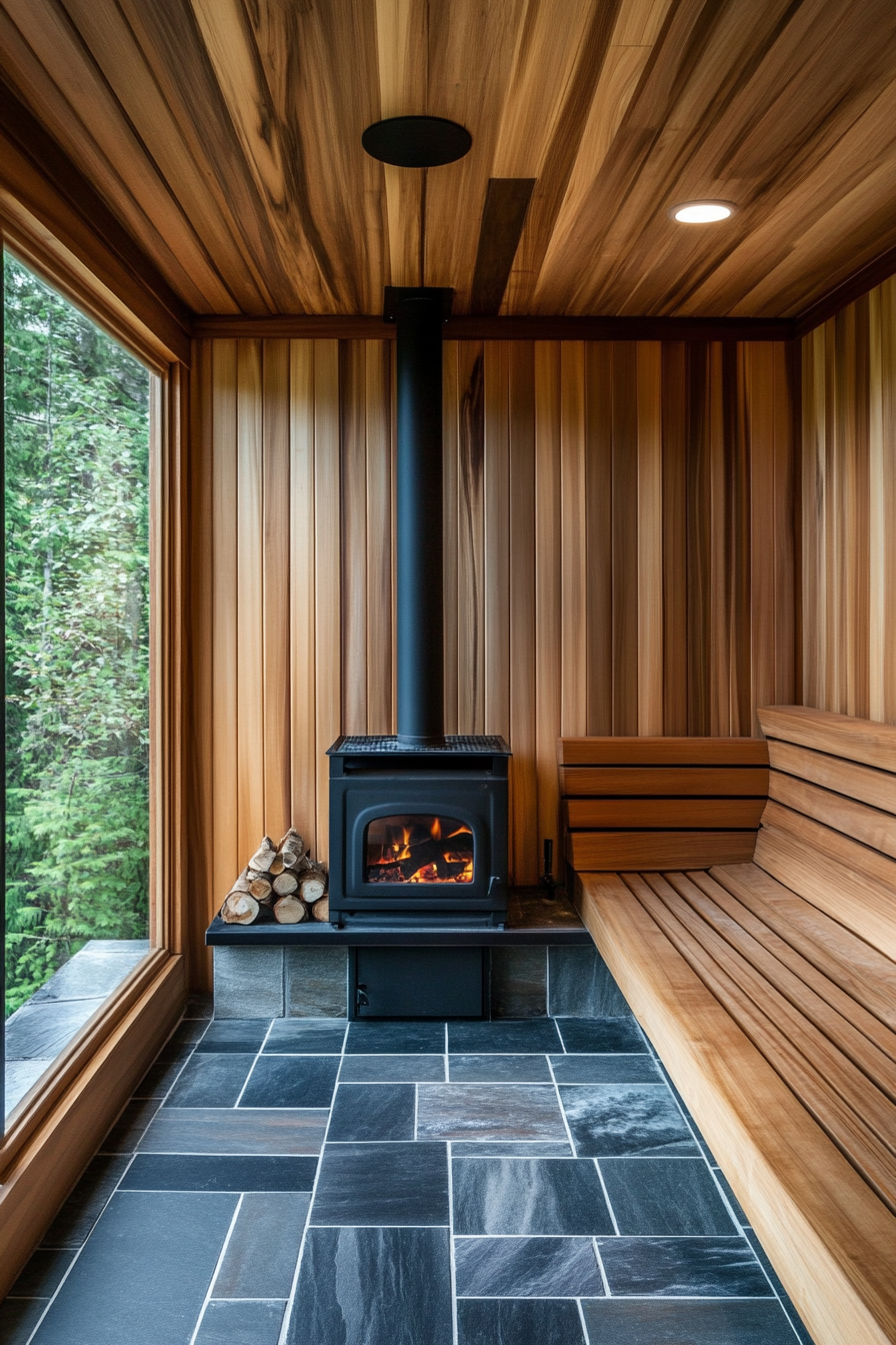 Sauna room design. Wood-burning stove with cedar tiered benches.