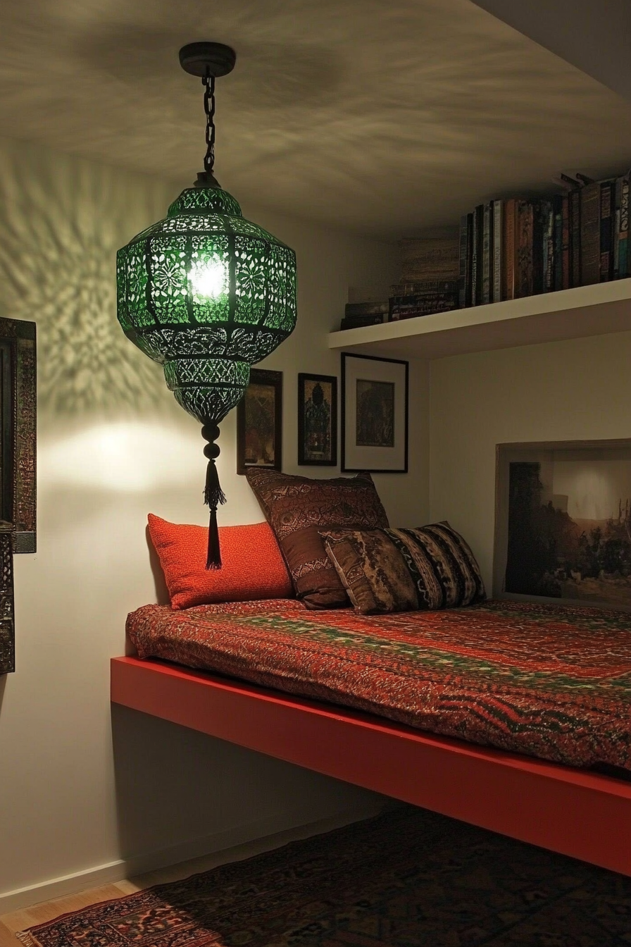 Micro bedroom concept. Green Moroccan lantern Above low red platform bed.