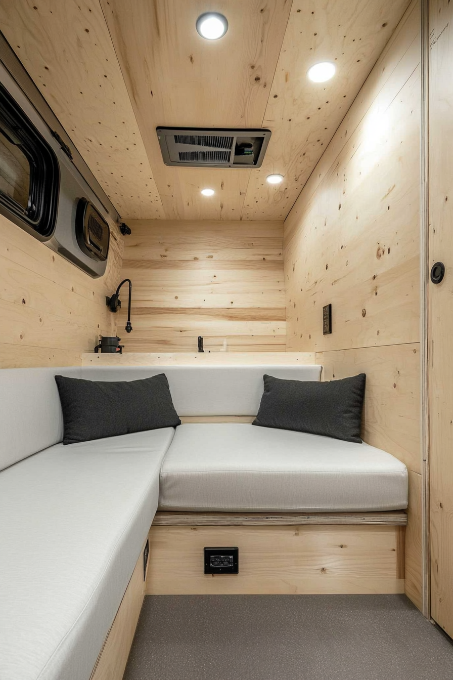 Remote work camper interior. White microfiber couch with plywood walls.