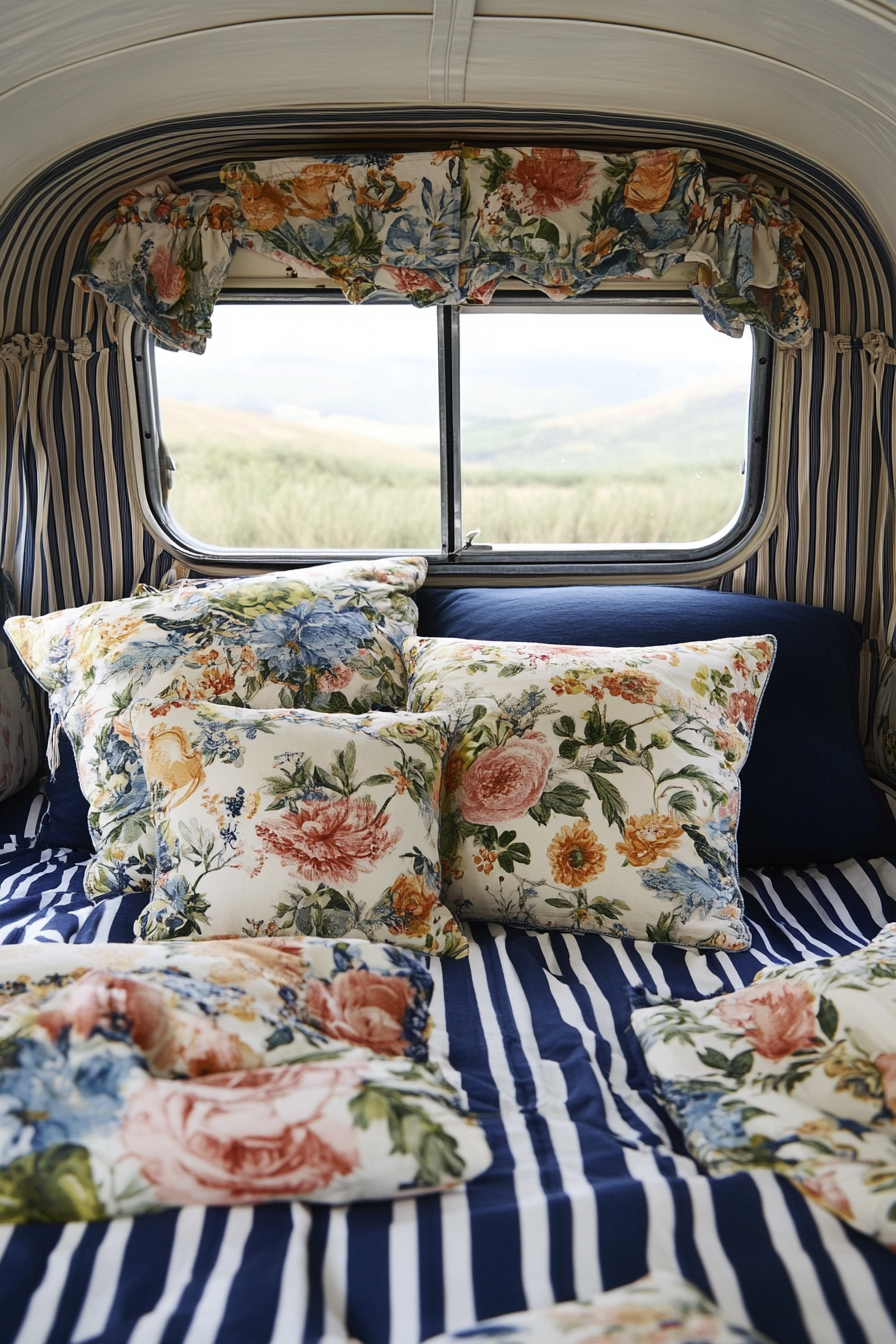 Camper design. Classic chintz florals and navy blue stripes.