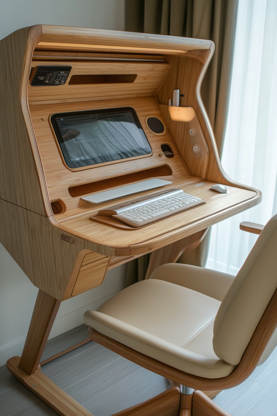 Mobile workspace design. Bamboo desk with beige ergonomic chair.