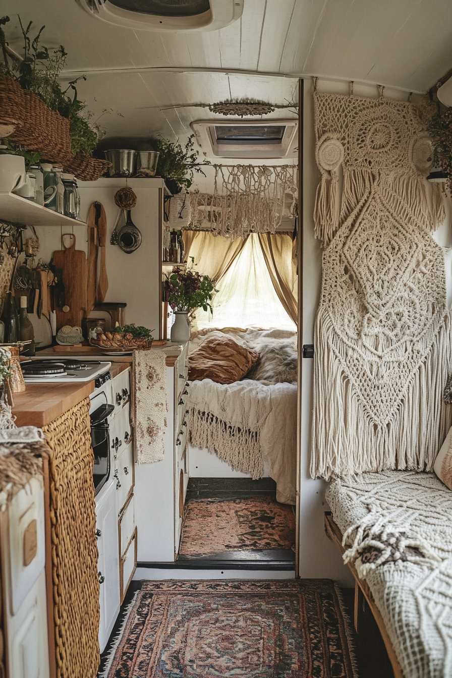 Bohemian camper kitchen. Rattan cabinets with macramé hangings.