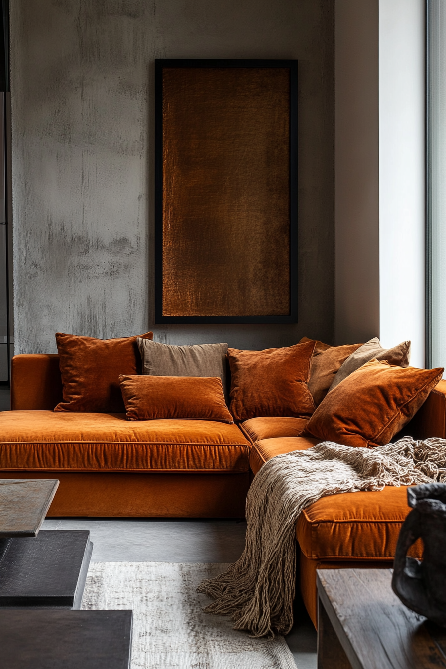 Tiny Home Decor. Rust-orange velvet corner sofa.