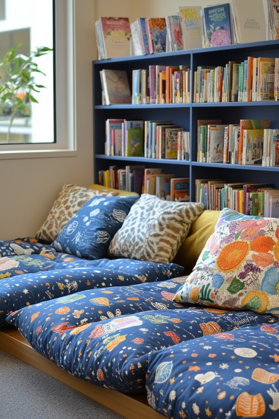 Floor cushions & accessible book display. Blue pattern pop-up soft seating.