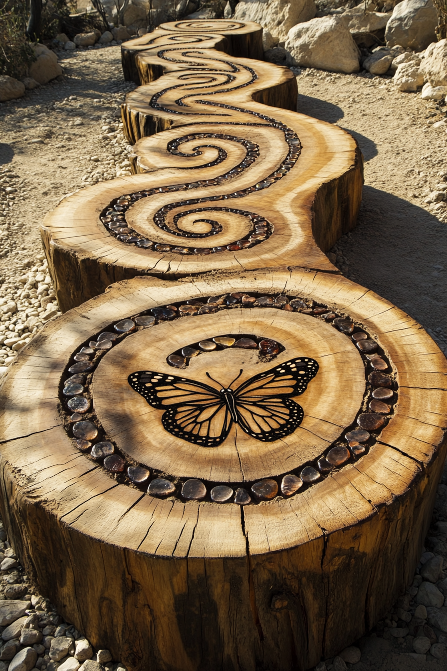 Outdoor Massage Table. Wooden with butterfly stencil design.

Meditation Labyrinth Layout. Spiral with moonstone gravel path.