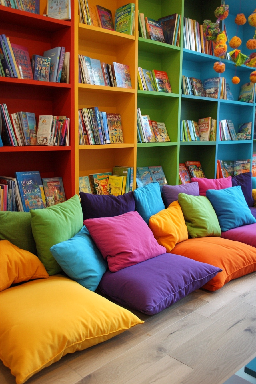 Child-sized library. Vibrant floor cushions beside color-coordinated book display.