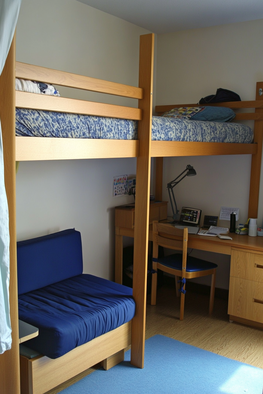 Japandi student dorm room. Wooden loft bed with blue futon underneath.