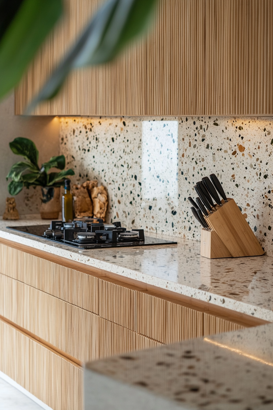 Cooking space. Bamboo cabinets with terrazzo countertops and minimalistic features.