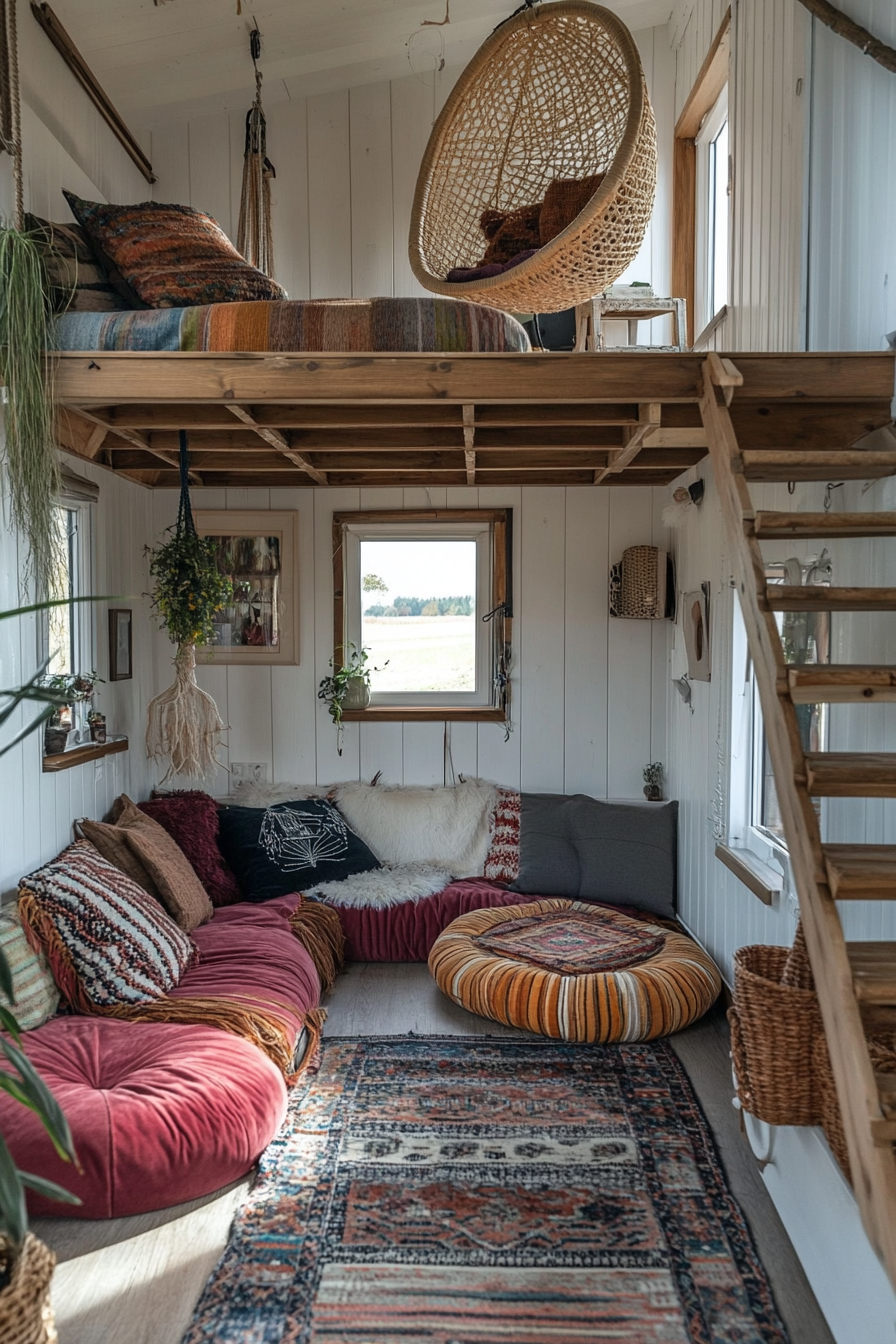 Bohemian tiny home design. Velvet floor cushions with rattan hanging chair upper level.