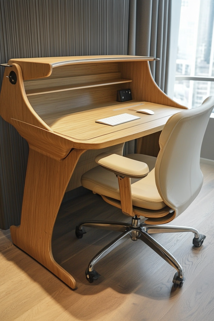 Mobile workspace design. Bamboo desk with beige ergonomic chair.