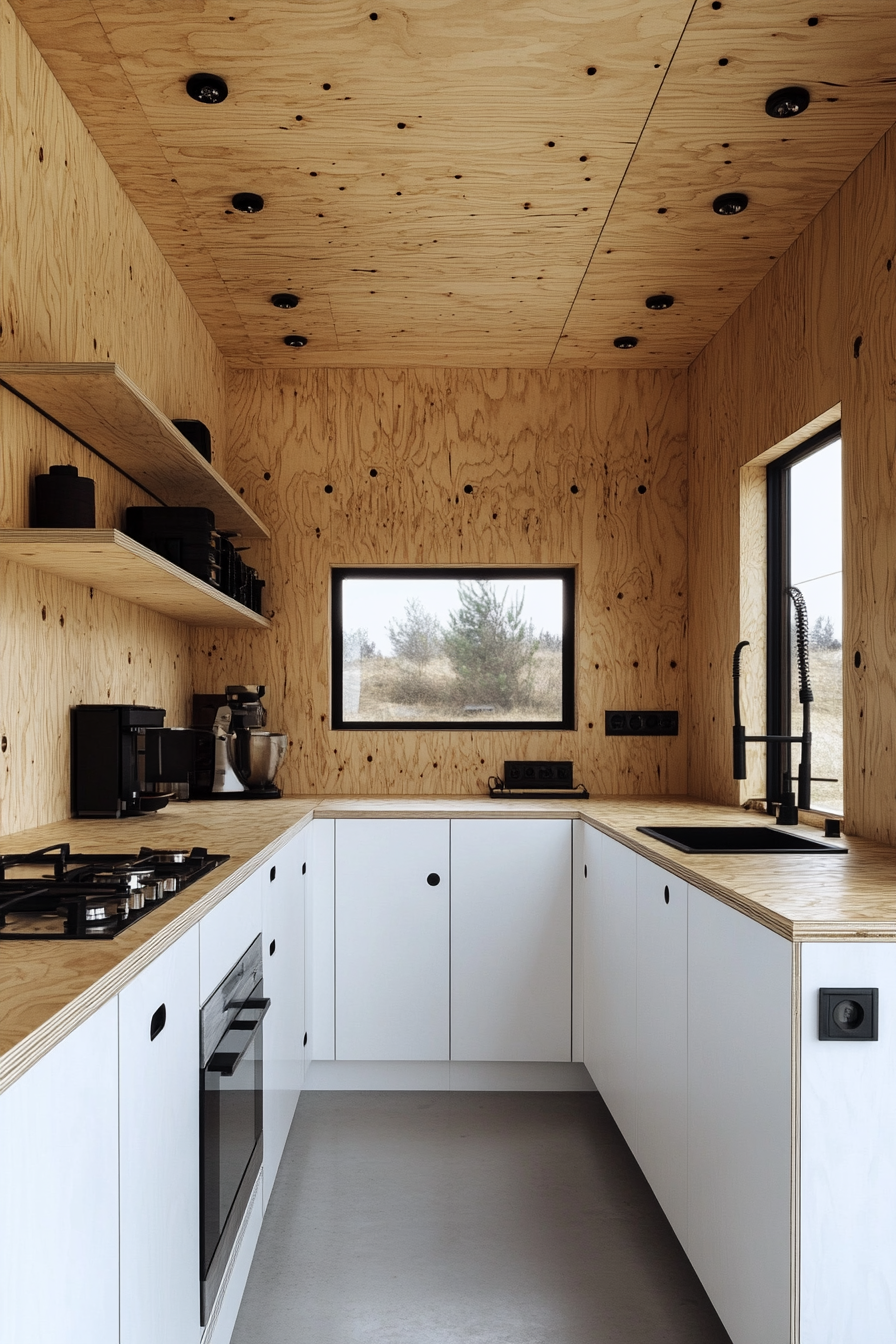 Remote Work Camper Interior. Plywood wall with high-gloss white cabinets.