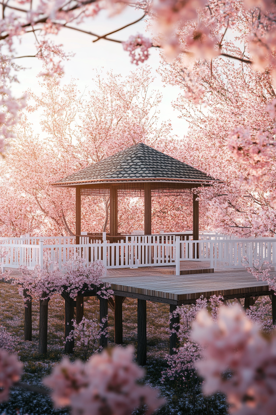 Elevated platform concept with white sliding Shoji screens in groves of flowering cherry trees.