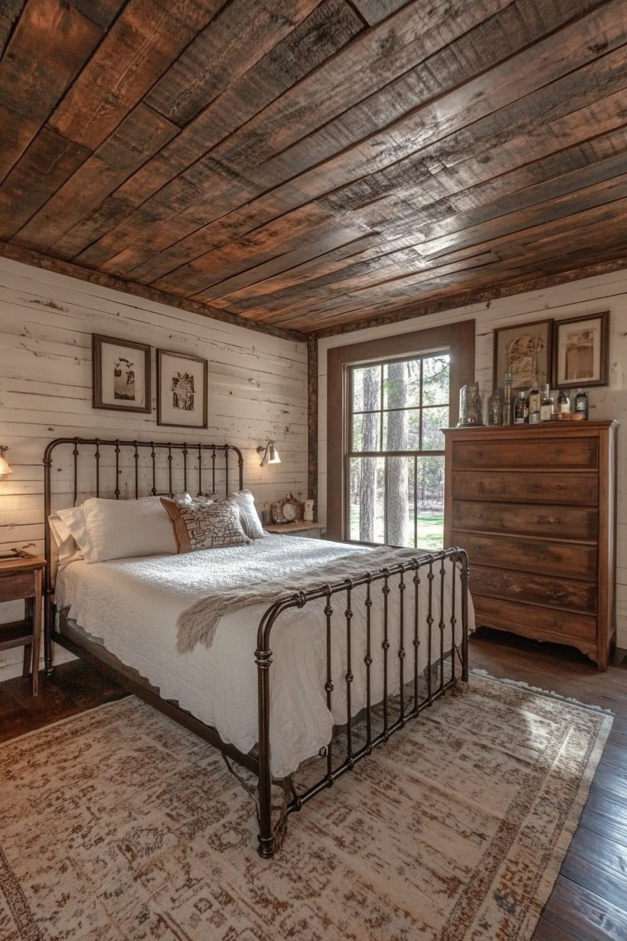 Rustic-chic bedroom. Shiplap ceiling, iron bed frame, antique wooden dresser.