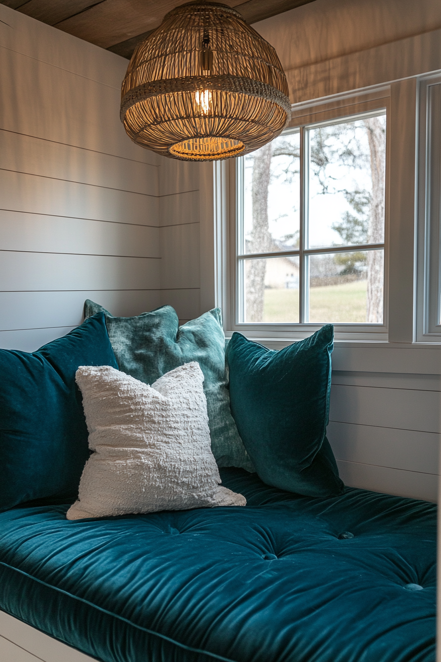 Tiny home upper level design. Velvet teal daybed with rattan dome light fixture.