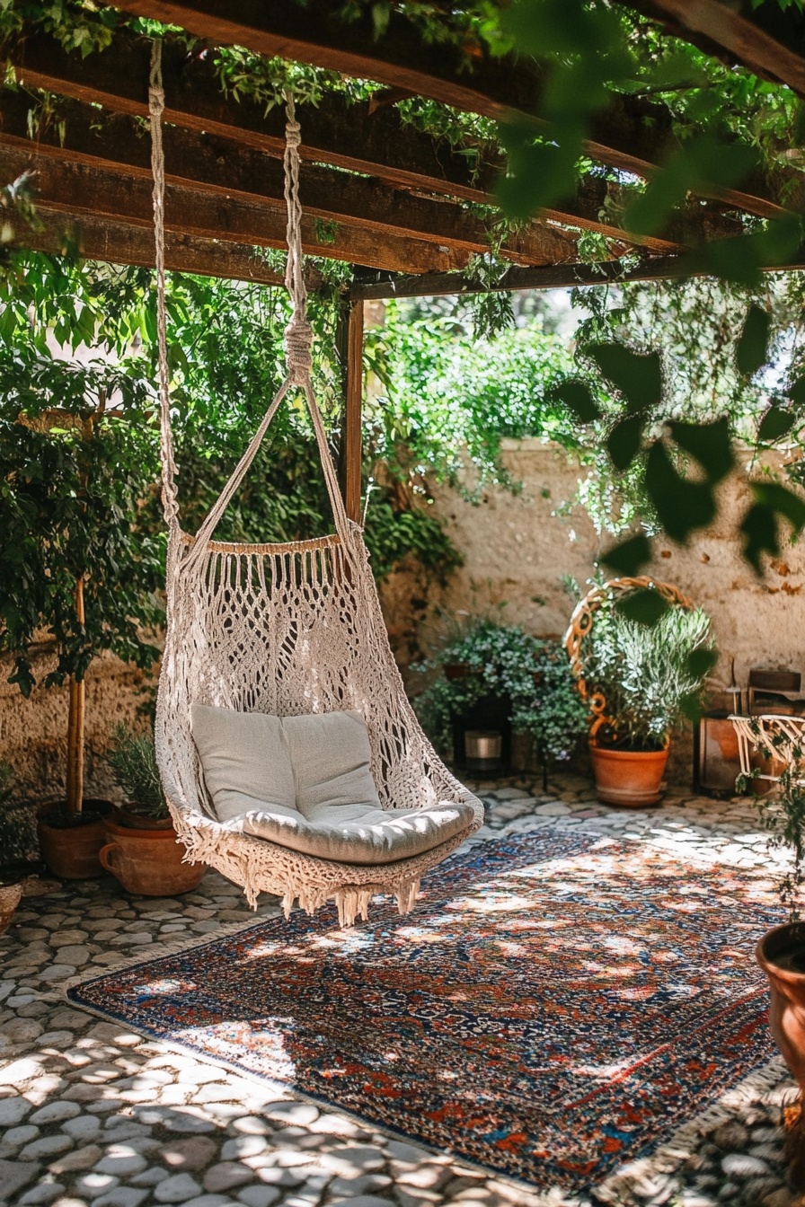 Bohemian patio. Macramé hanging chair, kilim rug, patterned canopies.