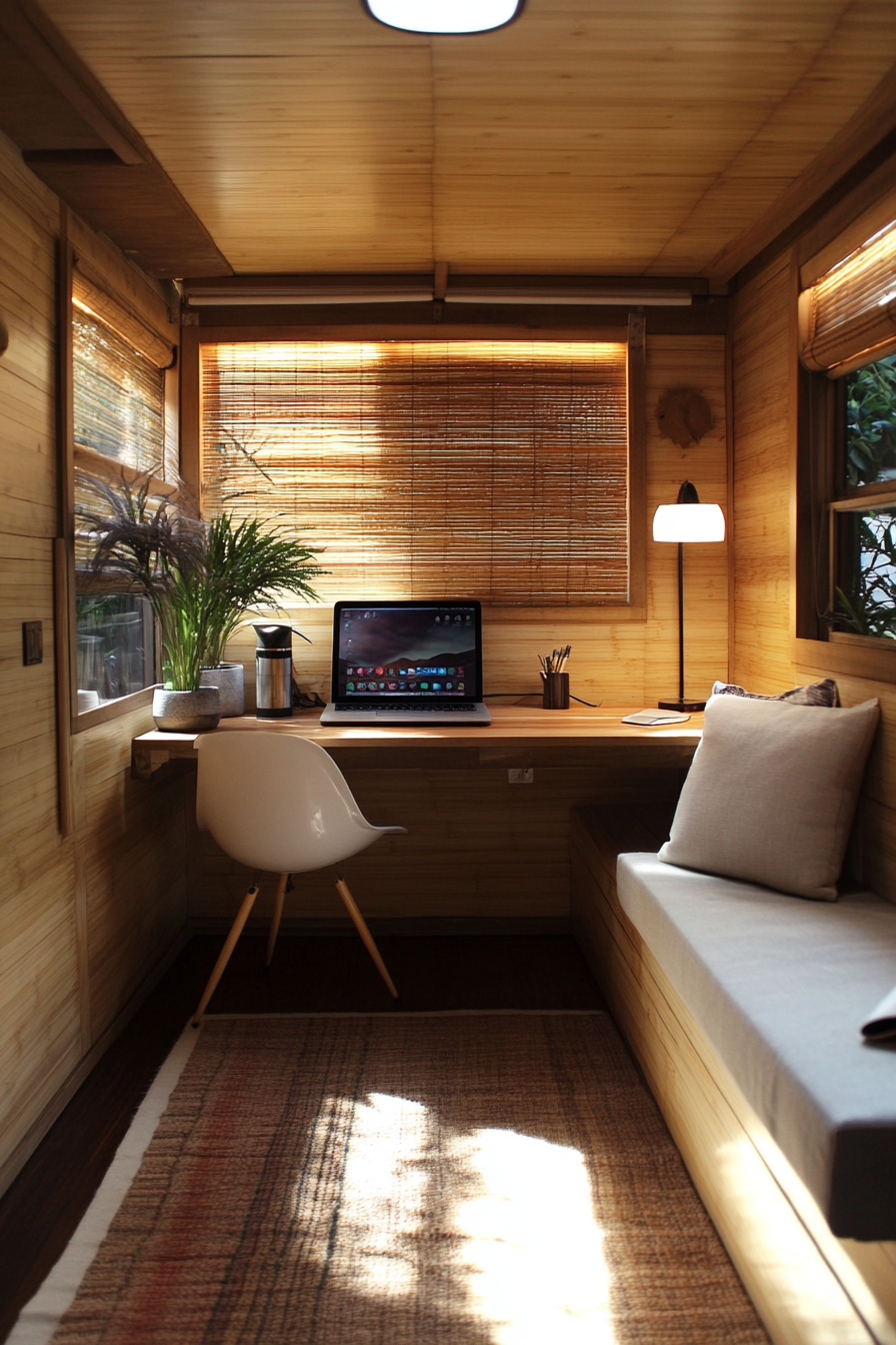 Mobile workspace design. Bamboo desk on an earth-toned rug.