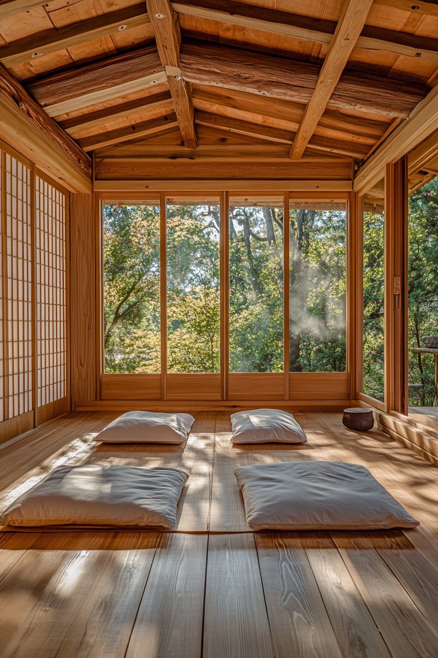 Elevated platform Zen camp. Bamboo sliding Shoji screens, tatami mat flooring.