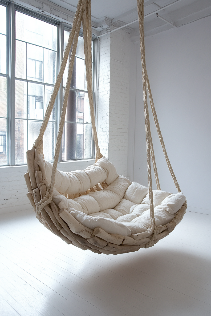 Reading sanctuary. Cushioned rope swing chair on white hardwood floor.