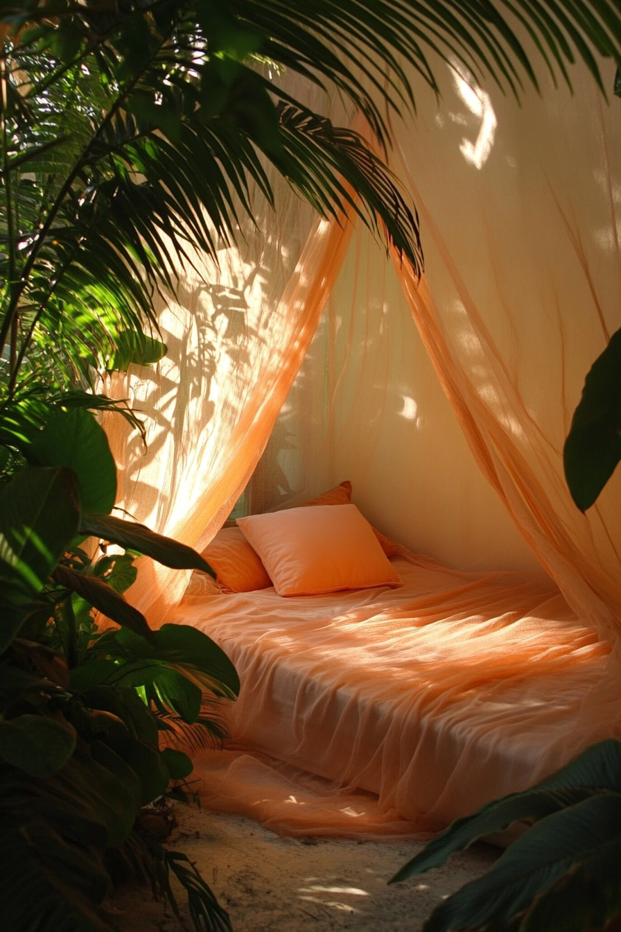 Sleeping nook. Coral mosquito net drapes and palms.