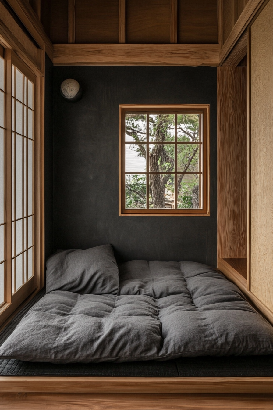 Micro Bedroom Design. Grey futon on black tatami mat.