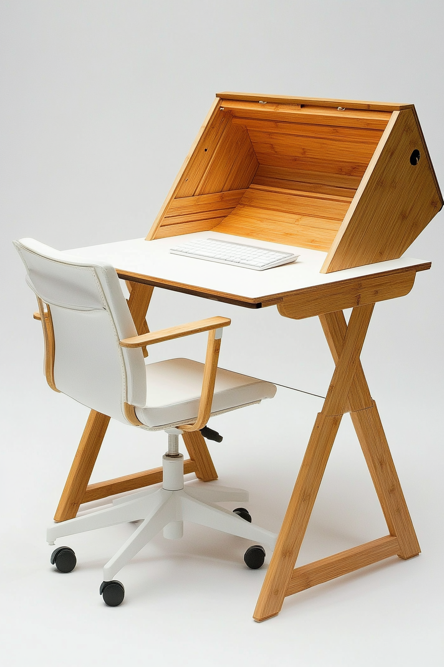 Mobile workspace design. Bamboo desk with off-white ergonomic chair.