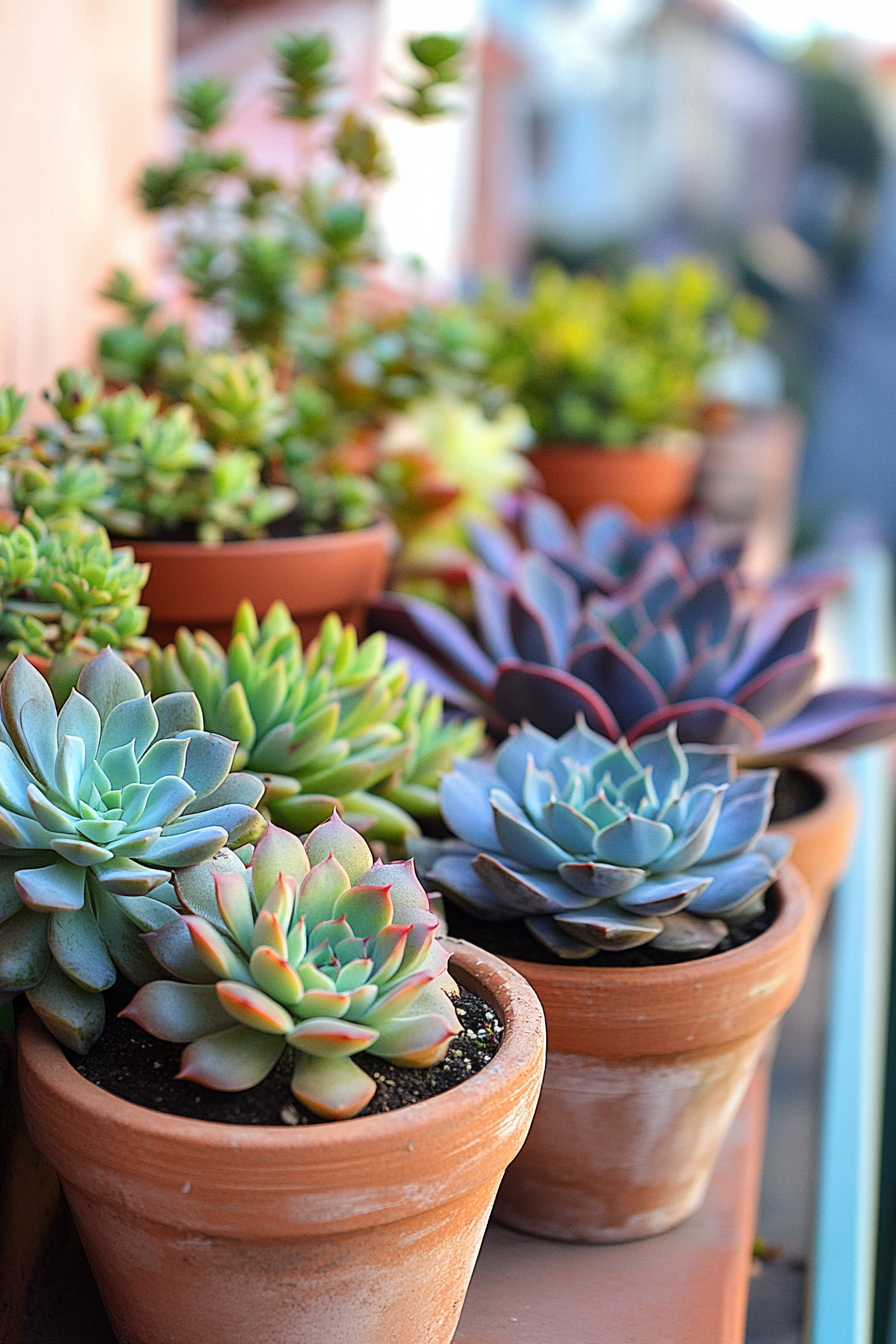 Tiny house roof terrace layout. Monochrome succulents in terracotta pots.