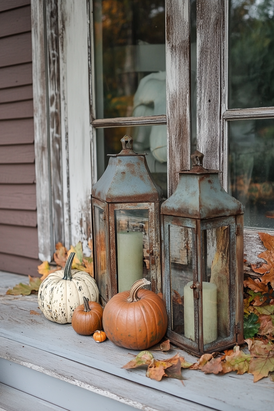 Farmhouse-Industrial Fall Porch. Pumpkin patch with weathered metallic lanterns.