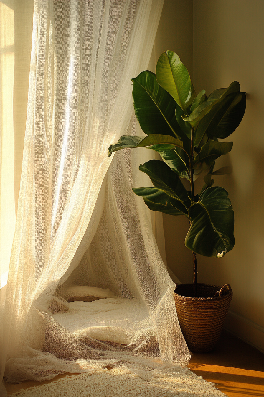 Sleeping nook. Long, white mosquito net drapes and potted rubber plant.