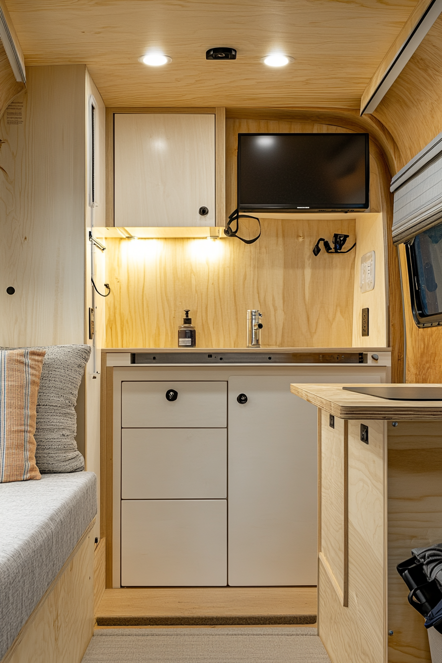 Remote Work Camper Interior. Baltic birch plywood walls and white storage cabinets.