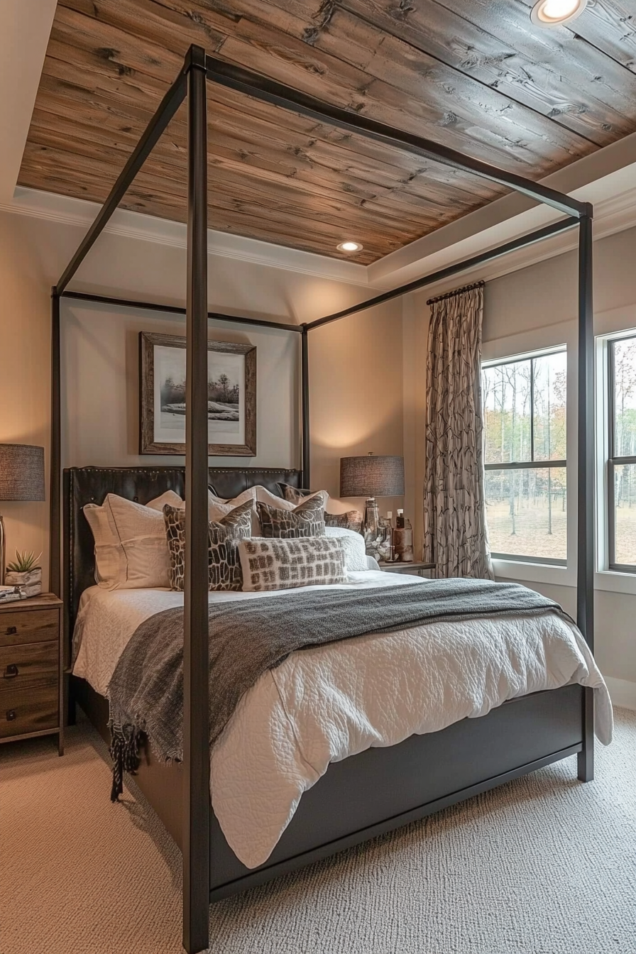 Rustic-chic bedroom. Shiplap ceiling with wrought-iron four-poster bed.