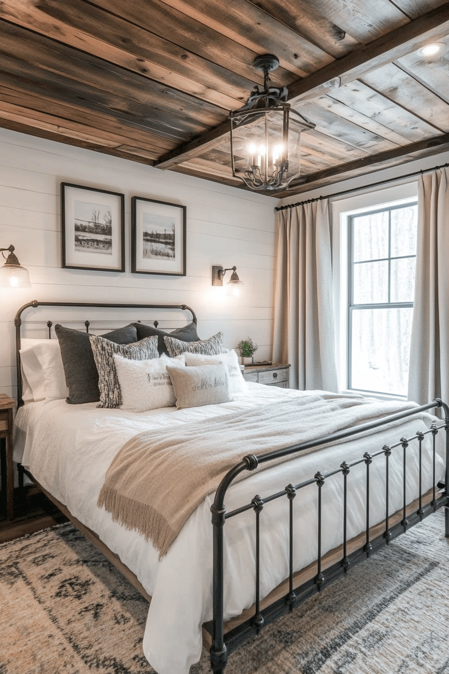 Rustic-chic bedroom. Shiplap ceiling, distressed iron bed frame, neutral color scheme.