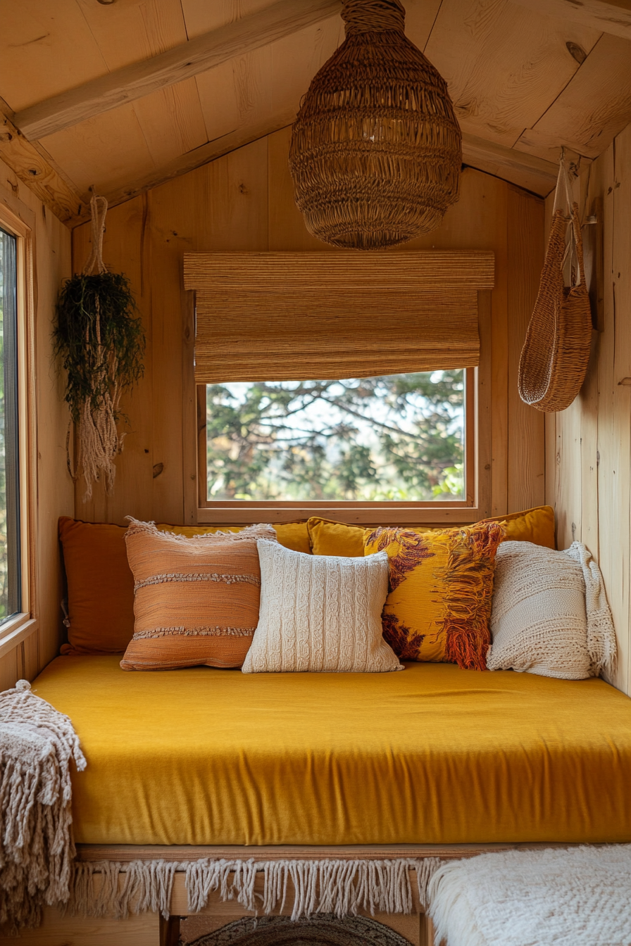 Bohemian tiny home upper level design. Velvet mustard daybed with rattan pendant light.