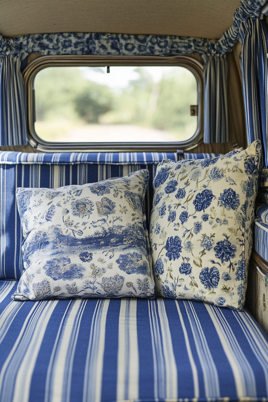 Seaside-inspired camper design. Chintz upholstery with blue and white stripes.