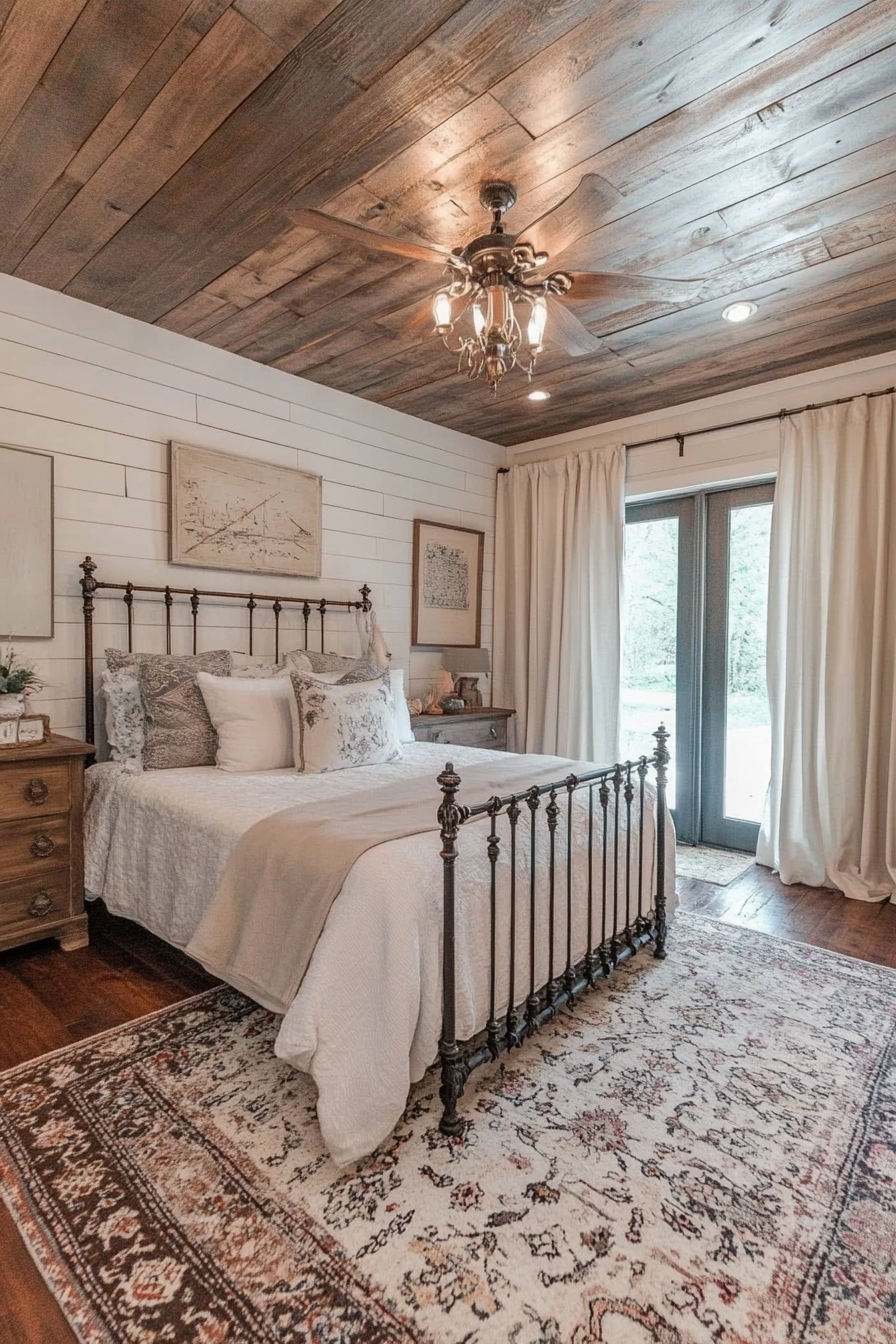 Rustic-chic bedroom. Shiplap ceiling, distressed iron bed frame, patterned area rug.