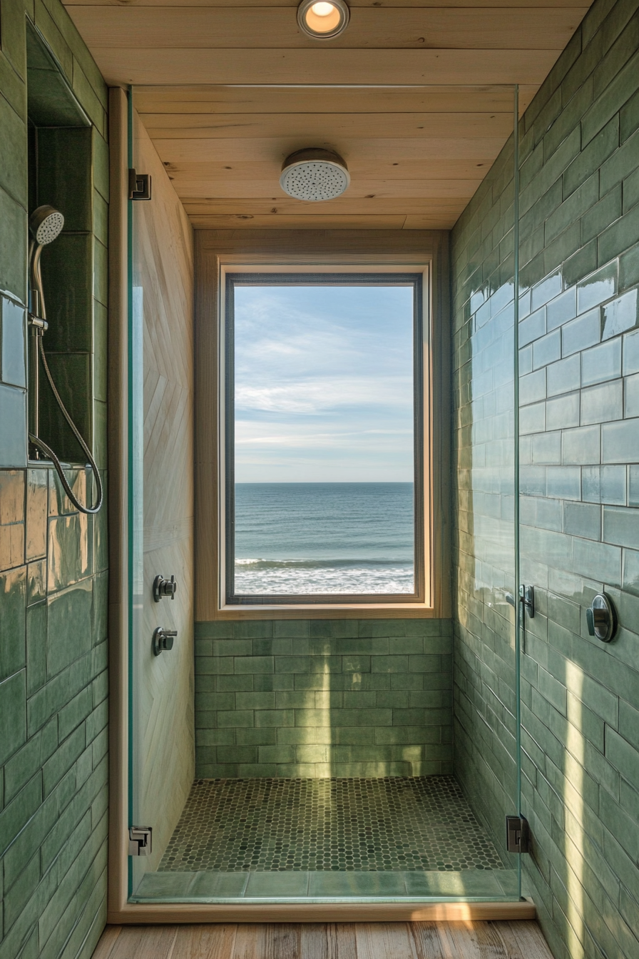 Tiny Beach House Shower. Frosted glass door with moss green ceramic tiles.