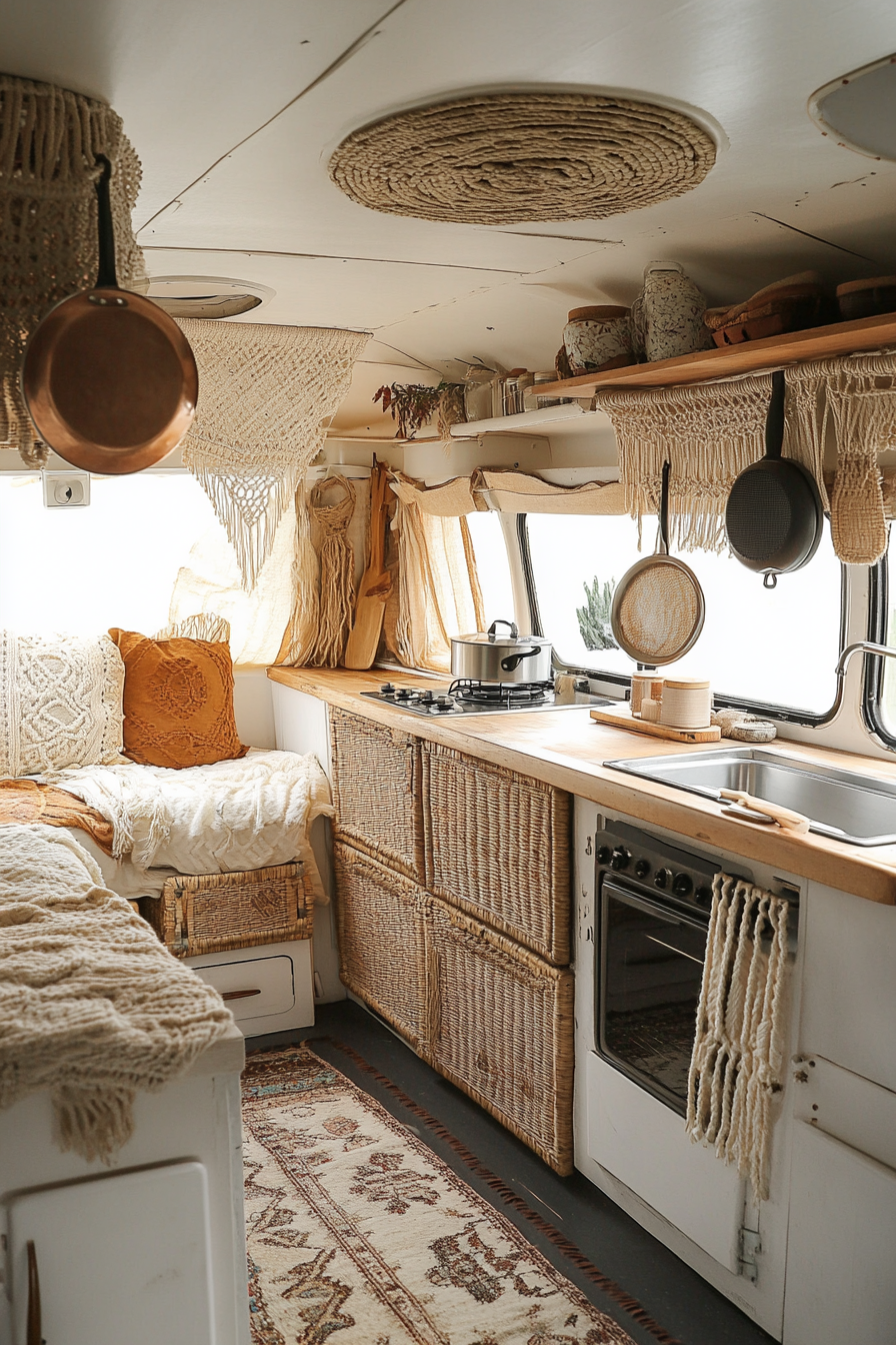 Bohemian camper kitchen. Macramé pan holder against rattan cupboards.