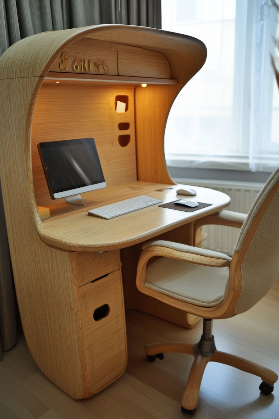 Mobile workspace design. Bamboo desk with sand-colored ergonomic chair.