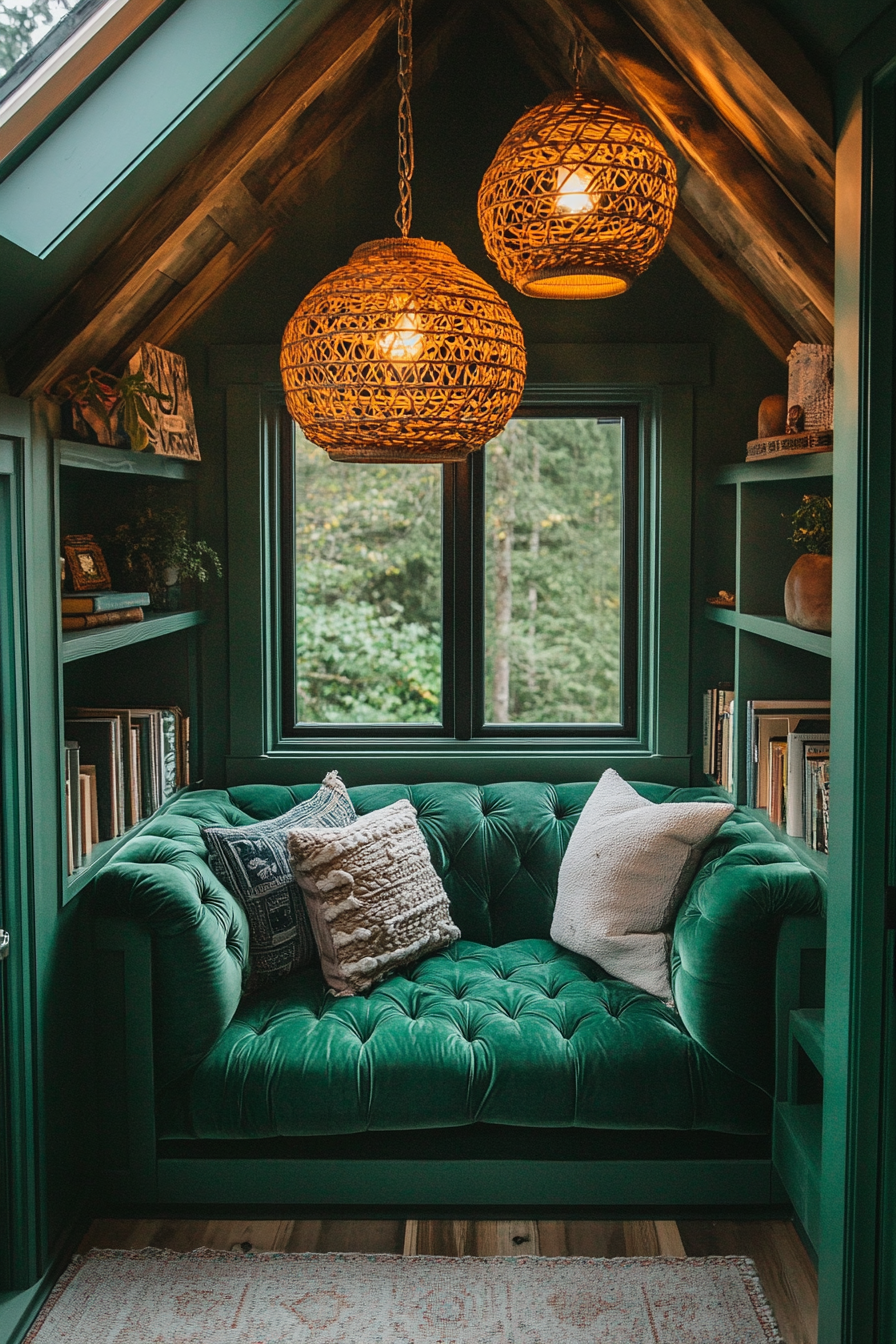 Bohemian Tiny Home Upper Level Design. Velvet emerald tufted reading nook, Rattan pendant lighting.