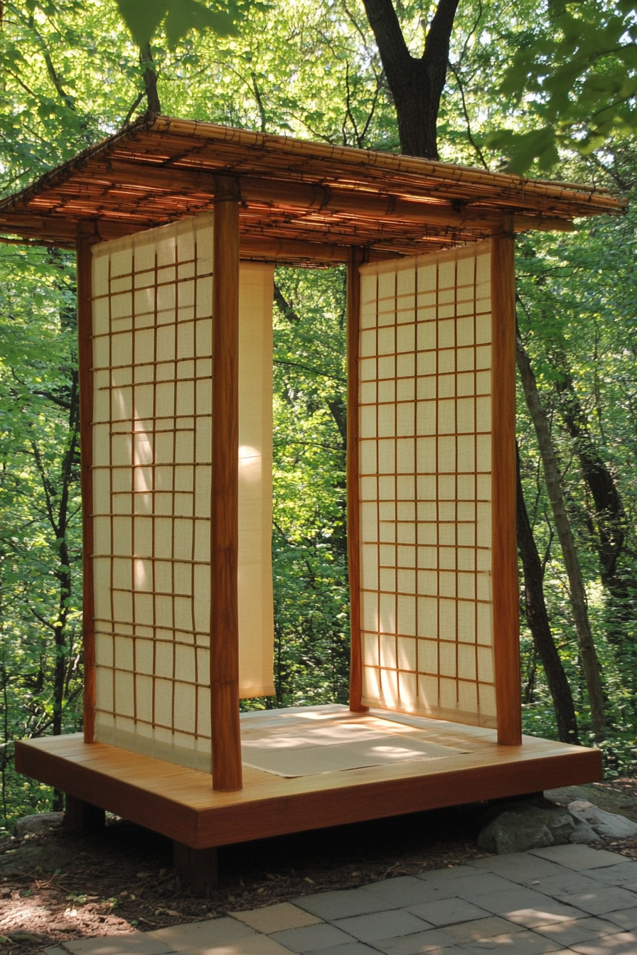 Elevated platform with Zen camp. Cedarwood framework draped with cream sliding Shoji screens.