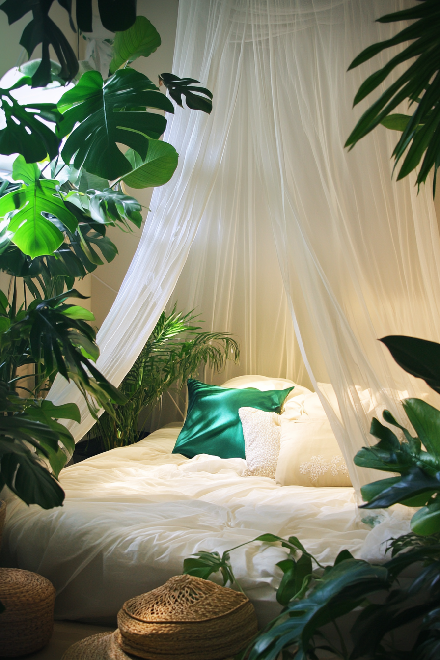 Sleeping nook. White mosquito net canopy, surrounded by lush Monstera deliciosa plants.