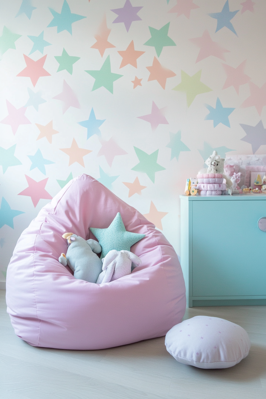 Whimsical baby room. Star pattern wallpaper, pastel beanbag chair.