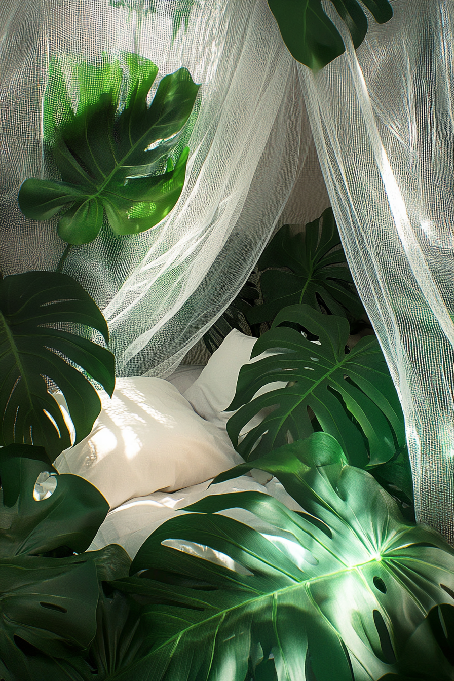 Sleeping nook. Transparent mosquito net drapes, over-sized green monstera leaves.