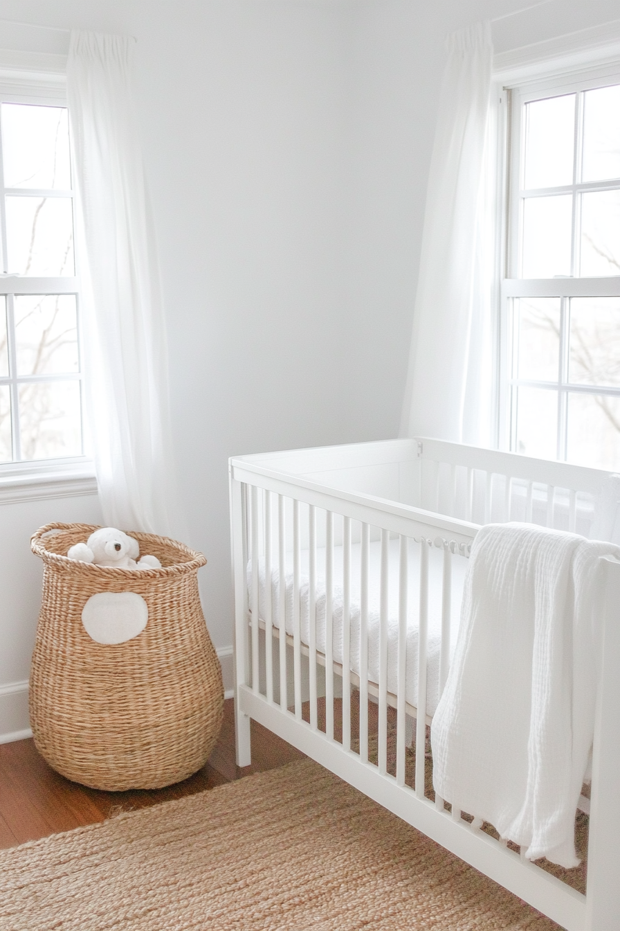 Compact neutral nursery. White minimalist crib with woven basket storage.