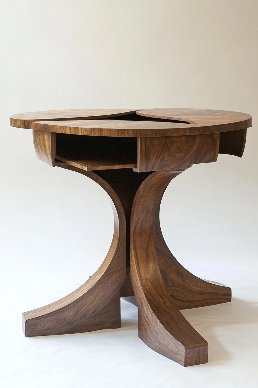 Dining table for small space. Twin pedestal table with rotating hidden compartments.