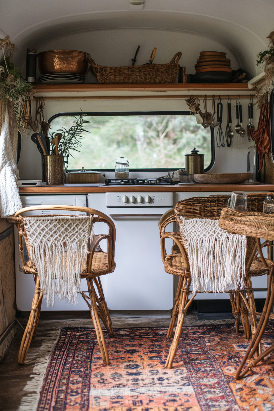 Bohemian camper kitchen. Macramé utensil holder and rattan chairs.